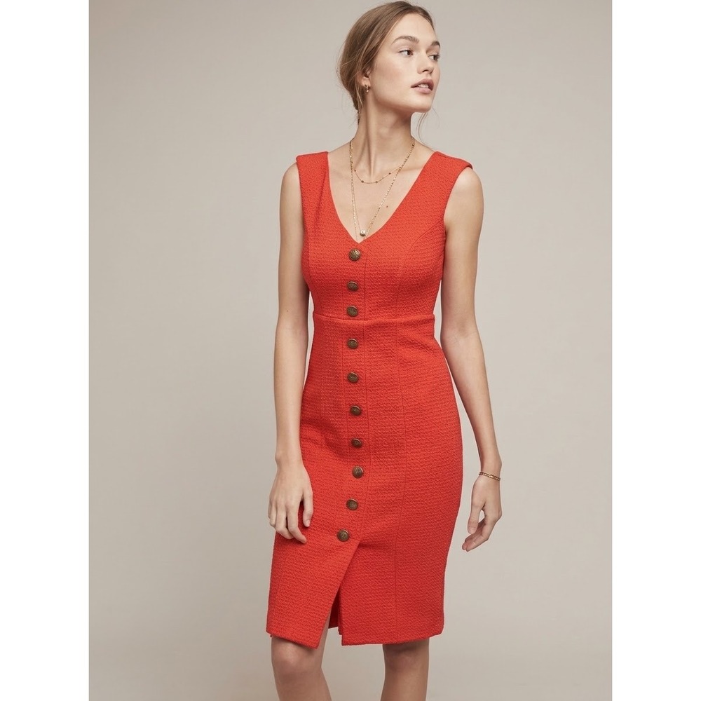 Maeve Anthropologie Red Textured Button Front Midi Dress V-Neck Preppy Small